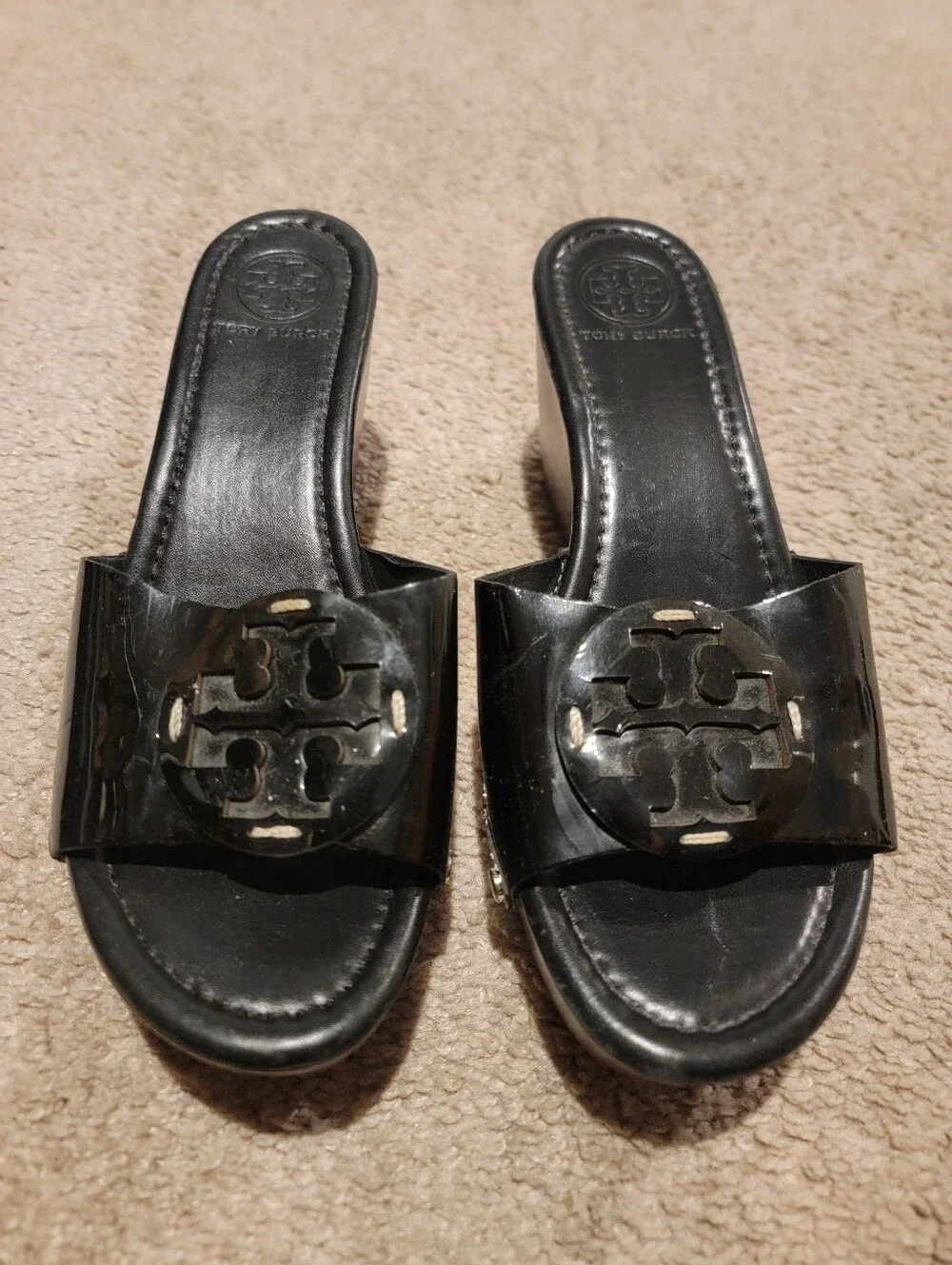 Tory Burch Patti Black Patent Leather Slides Platform Wedge Mule Sandal Size 8